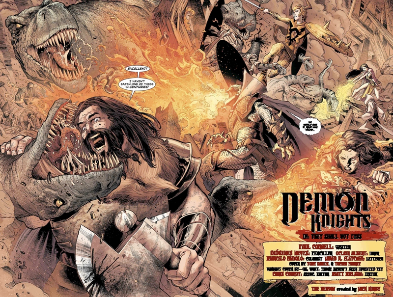 Illustration for article titled In this exclusive preview of Demon Knights, Etrigan and Vandal Savage slay the heck out of dragons